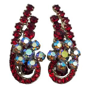 Ruby Red AB Rhinestone Clip On Earrings Ear climber Atomic Crystal Hollywood MCM